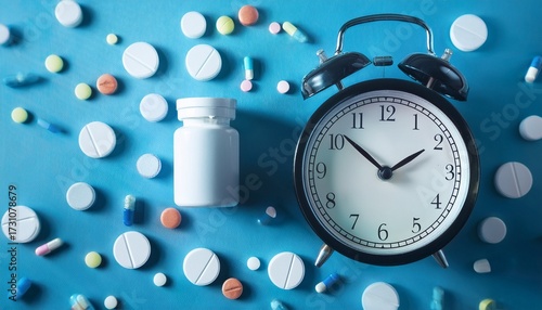 alarm clock and pills medical background time to take pills taking pills by the hour right time for taking a medicine sleeping pills insomnia healthcare concept