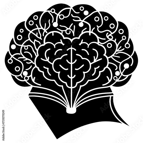 Learning Concept: A Brain Silhouette as an Open Book with Gears, Idea Bulbs, and Growth Icons.