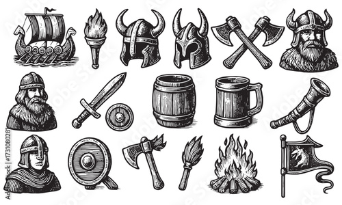 Viking Warrior Icons Set with Ships, Weapons, and Norse Symbols Design