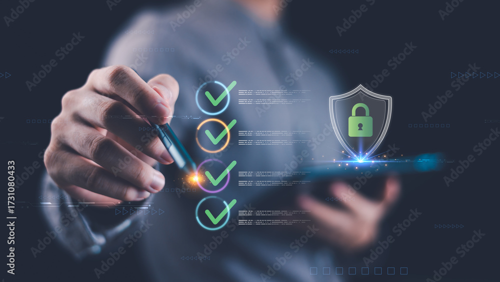 Obraz premium Cybersecurity checklist concept with digital checkmarks and shield lock icon, symbolizing data protection, privacy, encryption, and compliance for business, cloud security, and secure online systems.