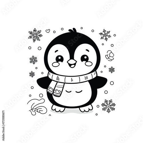 Cute penguin character with winter elements and snowflakes