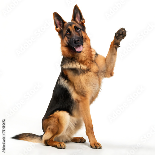 A german shepherd dog sitting with its paw raised on a white background in a studio setting