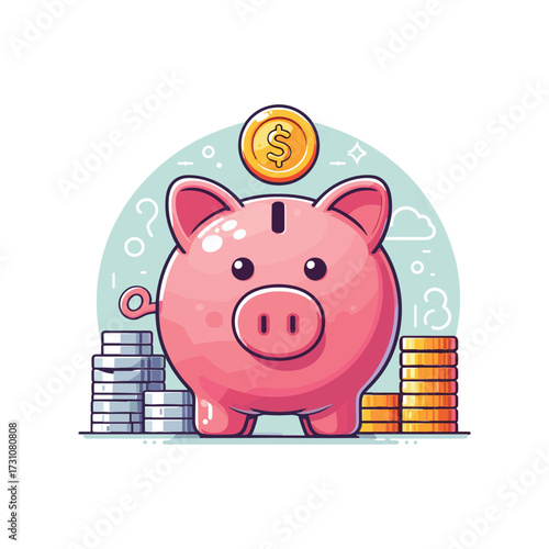 Cute piggy bank surrounded by coins and savings