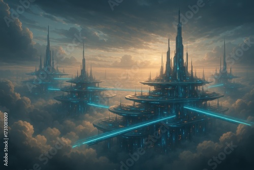Futuristic city floating above clouds with luminous skybridges and neon circuitry glow
