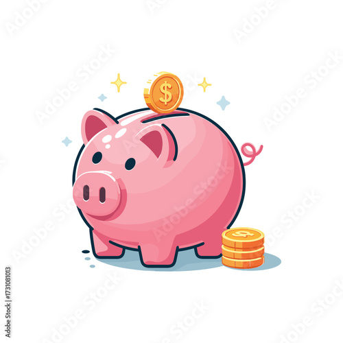 Cute piggy bank with coins, representing savings concept
