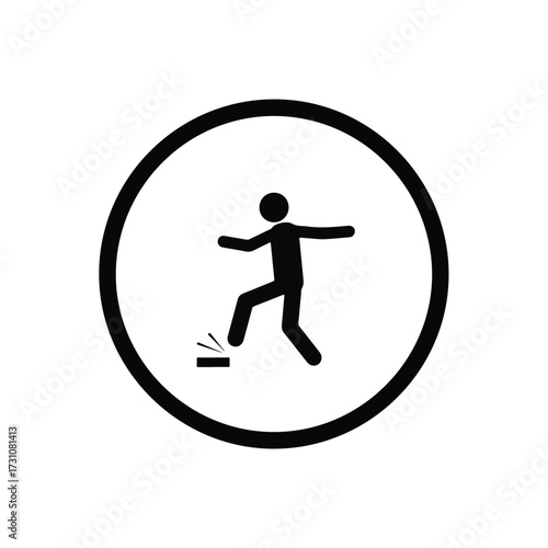 Simple black and white icon of a stick figure tripping over an obstacle.
