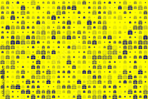 Seamless pattern of blue and yellow gift boxes on a bright yellow background, perfect for festive designs, holiday celebrations, and special occasion wrapping paper.
