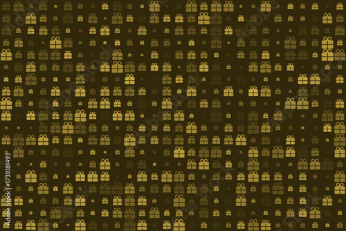 Seamless pattern of golden gift boxes on a dark background, perfect for festive and elegant designs, holiday celebrations, and luxury wrapping paper.