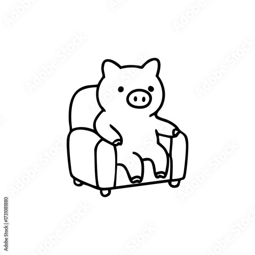 Piglet relaxes in comfy armchair, black and white drawing