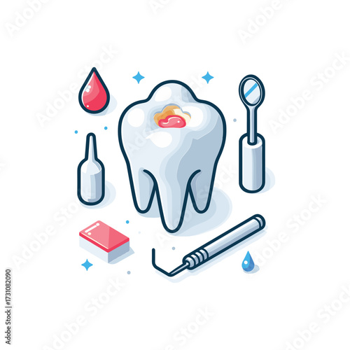 Dental tools and a decayed tooth with treatment items