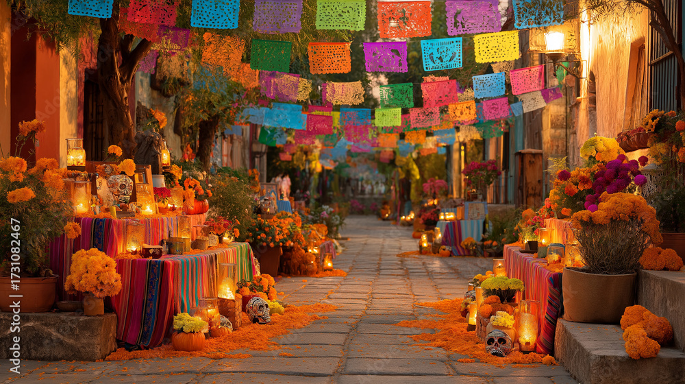 Fototapeta premium Dia de los muertos street celebration with colorful decorations and sugar skulls mexico