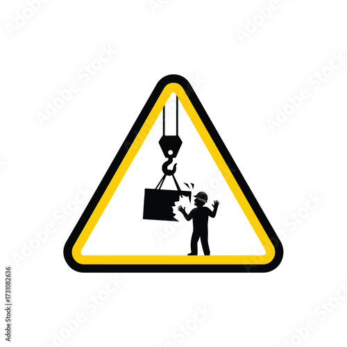 Warning sign for danger of falling objects from overhead crane.