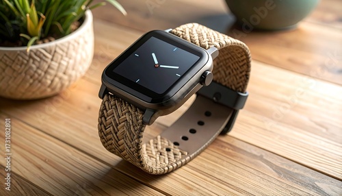 Modern smartwatch on wooden surface with plant