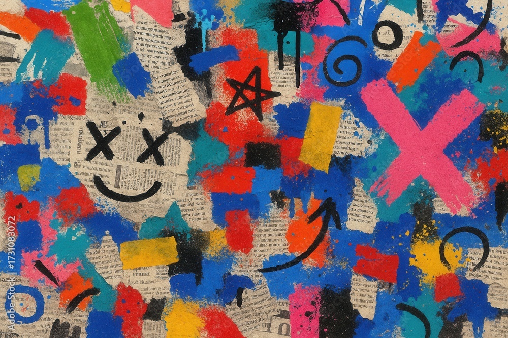 Fototapeta premium Colorful collage background of torn paper newsprint and graffiti textures distressed