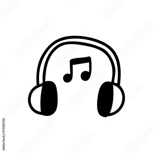 Music headphones and music note, black on white, simple icon