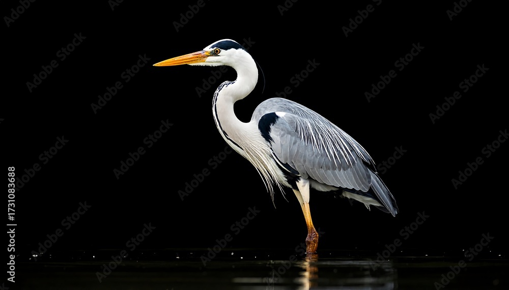 Fototapeta premium Grey heron in profile, black background