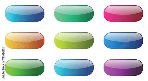Vector art of collection of nine colorful glossy oval buttons isolated on a, representing different interface elements and design options