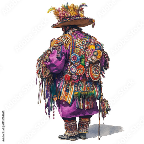 Bolivian Ceremonial Attire, watercolor painting vector, isolated on a white background.