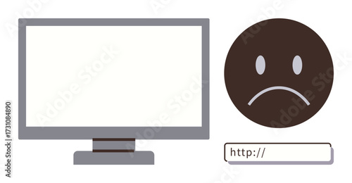 Blank computer screen, a sad face, and a URL bar highlighting internet issues and website errors. Ideal for tech issues, communication glitch, downtime, support services, troubleshooting, error