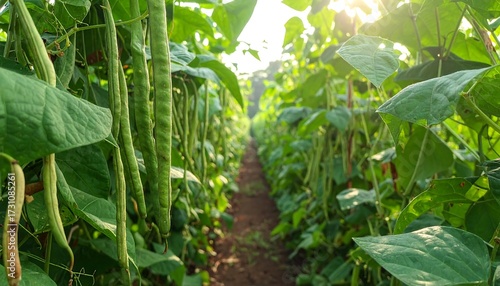 Lush green bean plants in rows, sunlight filtering through leaves