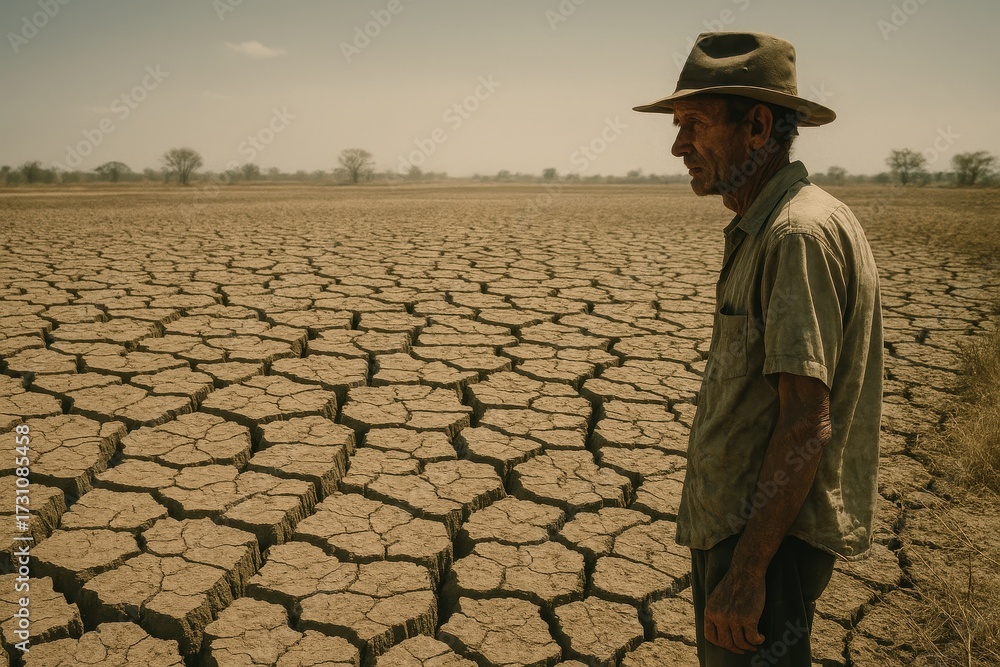 Fototapeta premium Parched farmland and lone farmer surveying cracked earth under harsh sun climate crisis