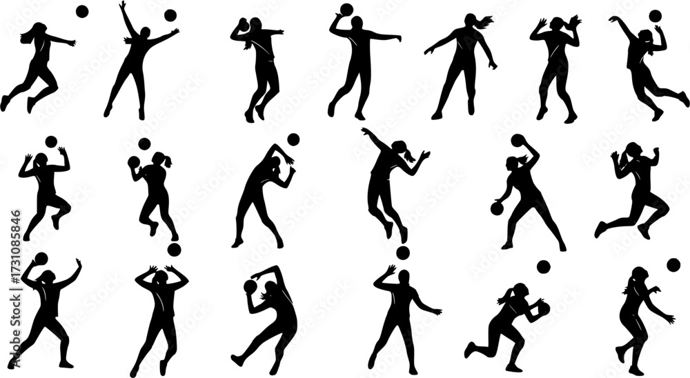 Fototapeta premium Women volleyball player silhouettes, Volleyball player women silhouettes collection