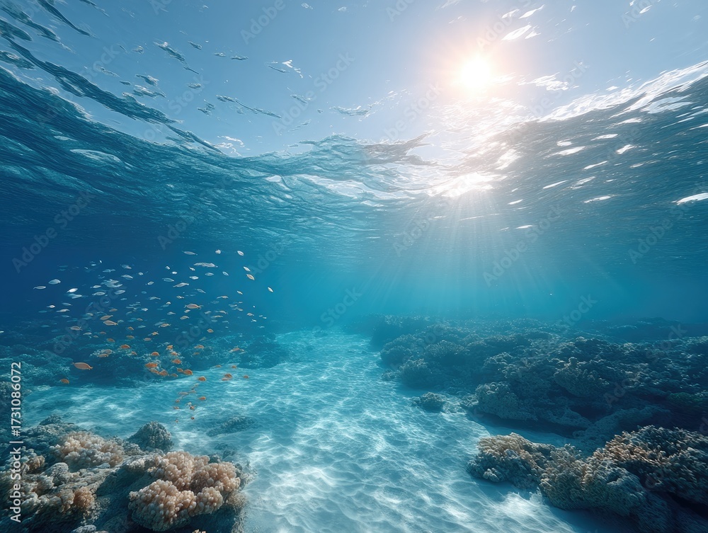 Fototapeta premium Underwater Scene Of Sunlight Filtering Through Ocean Water And Coral Reefs