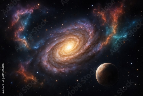 Wallpaper Mural Spiral galaxy and radiant nebula swirling beside a luminous planet deep space vista Torontodigital.ca