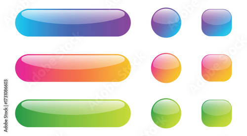 Vector art of assortment of glossy rounded rectangle and circle buttons with vibrant gradients in blue, pink, orange, and green
