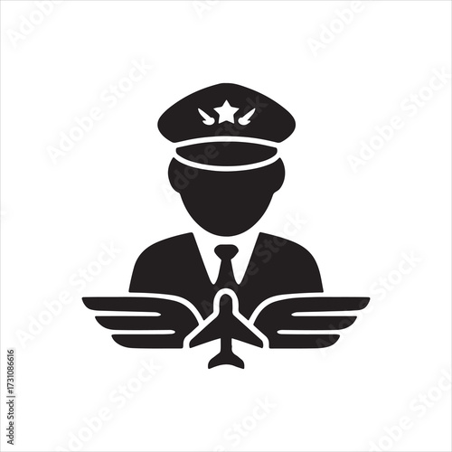 Airline Pilot Icon Wearing Hat with Wings and Airplane Emblem Symbolizing Aviation Career and Air Travel Industry with Professionalism and Skill