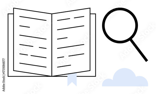Open book with marked page, large magnifying glass, and cloud symbolizing learning, research, knowledge, discovery, insight, education and reading passion. Clean simple flat metaphor