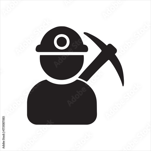 Mining Industry Worker Icon in Black Silhouette Wearing Hard Hat and Holding Pickaxe Representing Coal Gold or Diamond Exploration and Mineral Extraction on White Background