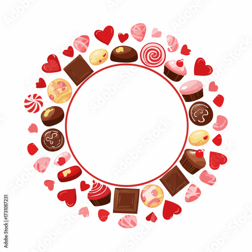 円形フレームとチョコレートを描いたバレンタインスイーツベクター素材