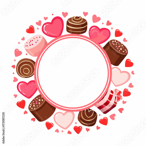 円形フレームとチョコレートを描いたバレンタインスイーツベクター素材