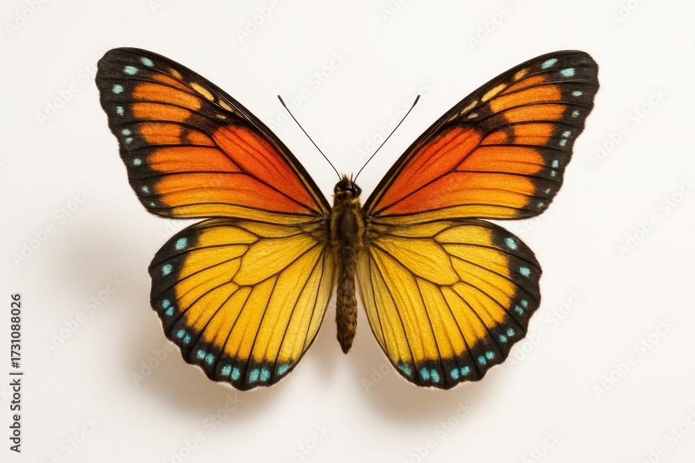 Obraz premium Delicate blue and yellow butterfly with open wings isolated on clean white background