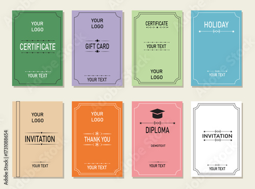 Set of Minimal Certificate, Diploma, Invitation, Gift Card and Holiday Card Templates Flat Vector Design Collection