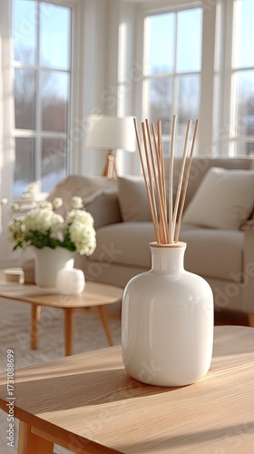White Ceramic Diffuser with Reed Sticks on Table in Living Room