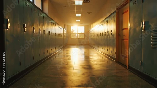 a long school hallway with identical lockers and doors