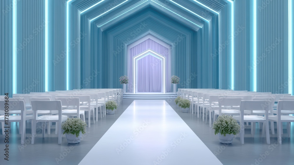 Obraz premium wedding digital style Modern wedding venue featuring elegant blue decor and a stylish aisle for ceremonies.