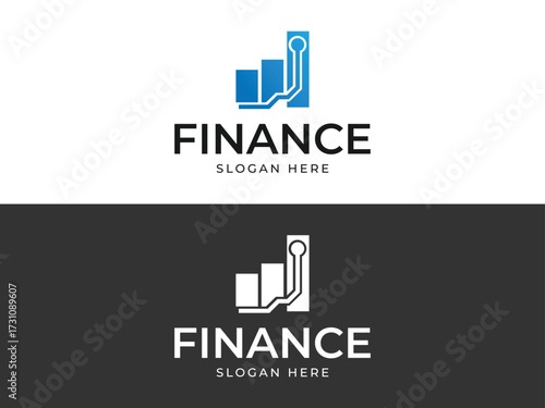 Blue and white finance bar chart logo with circuit line graph growth