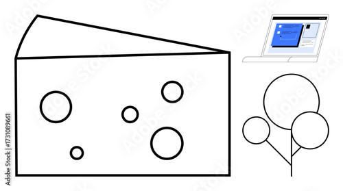 Cheese wedge with circular holes, laptop showing interface, and abstract tree with round canopies. Ideal for technology, food, minimalism, design, concepts creativity simplicity. Flat metaphor