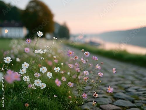 Wildflowers Blooming Beside A Stone Path At Dusk With Warm Hues