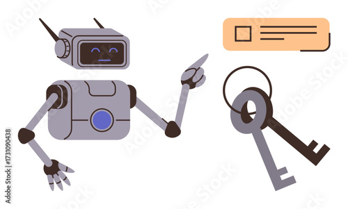 Friendly robot with antenna gesturing towards a notification box and large vintage keys. Ideal for technology, security, access, AI assistance, key solutions, innovation, and digital metaphor. Simple