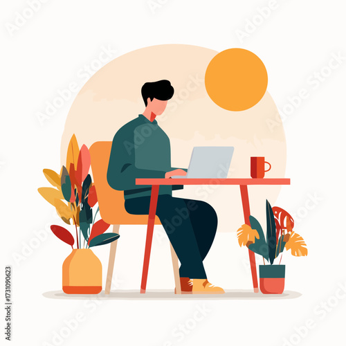 Flat minimal illustration young man typing on laptop at desk with coffee cup creative workspace design for productivity freelance and study