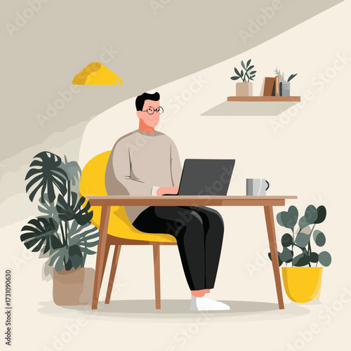 Flat minimal office scene of young man working with laptop and coffee cup vector design for freelance study and productivity