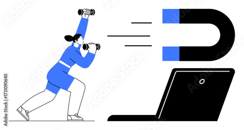 Woman exercising with dumbbells as magnetic forces pull toward a laptop, representing energy, focus, and digital connection. Ideal for fitness tech, self-improvement, productivity, teamwork