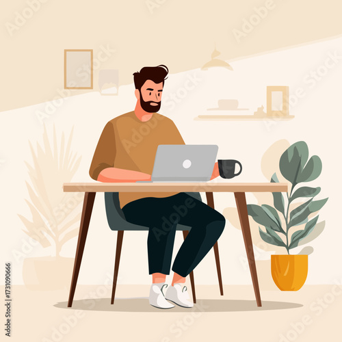 Minimalist workspace vector illustration young man at desk with laptop and coffee cup flat clean design for business freelance and education
