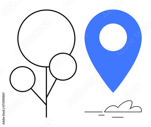 Blue navigation pin beside simple tree and cloud icons indicating location, nature, and travel. Ideal for navigation, maps, ecology, tourism, sustainability, outdoor activities and minimal design