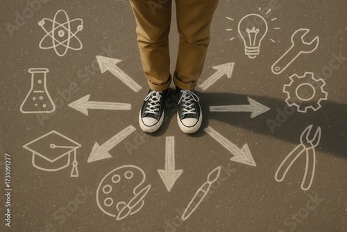 Teen choosing career path standing on chalk arrows crossroads top view decision concept