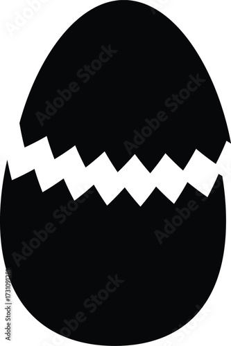 Simple black silhouette of a cracked egg with a jagged opening symbolizing new beginnings or a broken shell on a white background